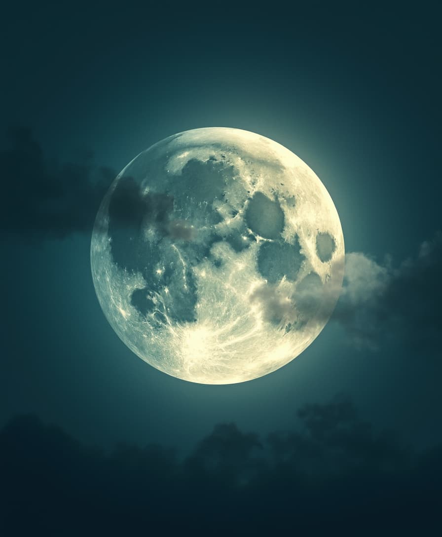 A serene and majestic full moon, illuminated against a dark cyan night sky, its luminous cratered surface rendered in soft, ethereal shades of gray and white, with hints of cream and beige, surrounded by a subtle, starry expanse, perhaps with a few wispy clouds drifting across its face, all within a simple, uncluttered composition that draws the viewer's gaze directly to the moon's tranquil beauty.