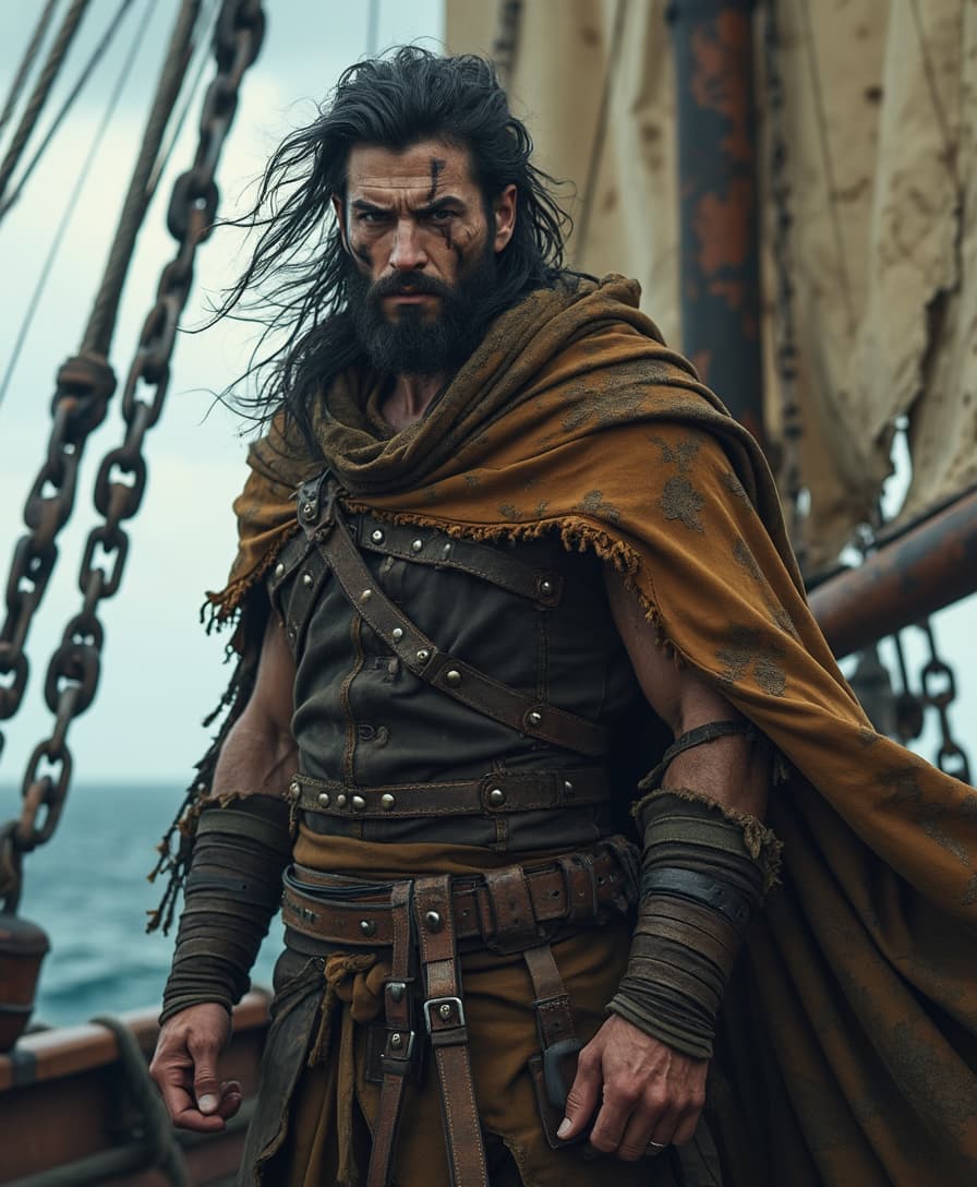 In a foreboding dark fantasy RPG world, a rugged and battle-hardened 30-year-old hunter stands proudly on the weathered deck of an ancient ship, worn and distressed from centuries of salty sea air and brutal storms. The hunter's scarred and weathered face, with sharp jawline and prominent facial features, is framed by a wild tangle of long, dark hair, blown back by the ocean breeze. A tattered and worn leather cloak, clasped at the shoulder, billows behind them, its frayed edges and torn seams a testament to the countless battles fought and won. Powerful and athletic, the hunter exudes a sense of quiet confidence, their piercing gaze seeming to bore into the very soul of the viewer. The ancient ship, its wooden hull creaking and groaning, looms large behind the hunter, its sails torn and battered, its rigging a labyrinth of ropes and chains.