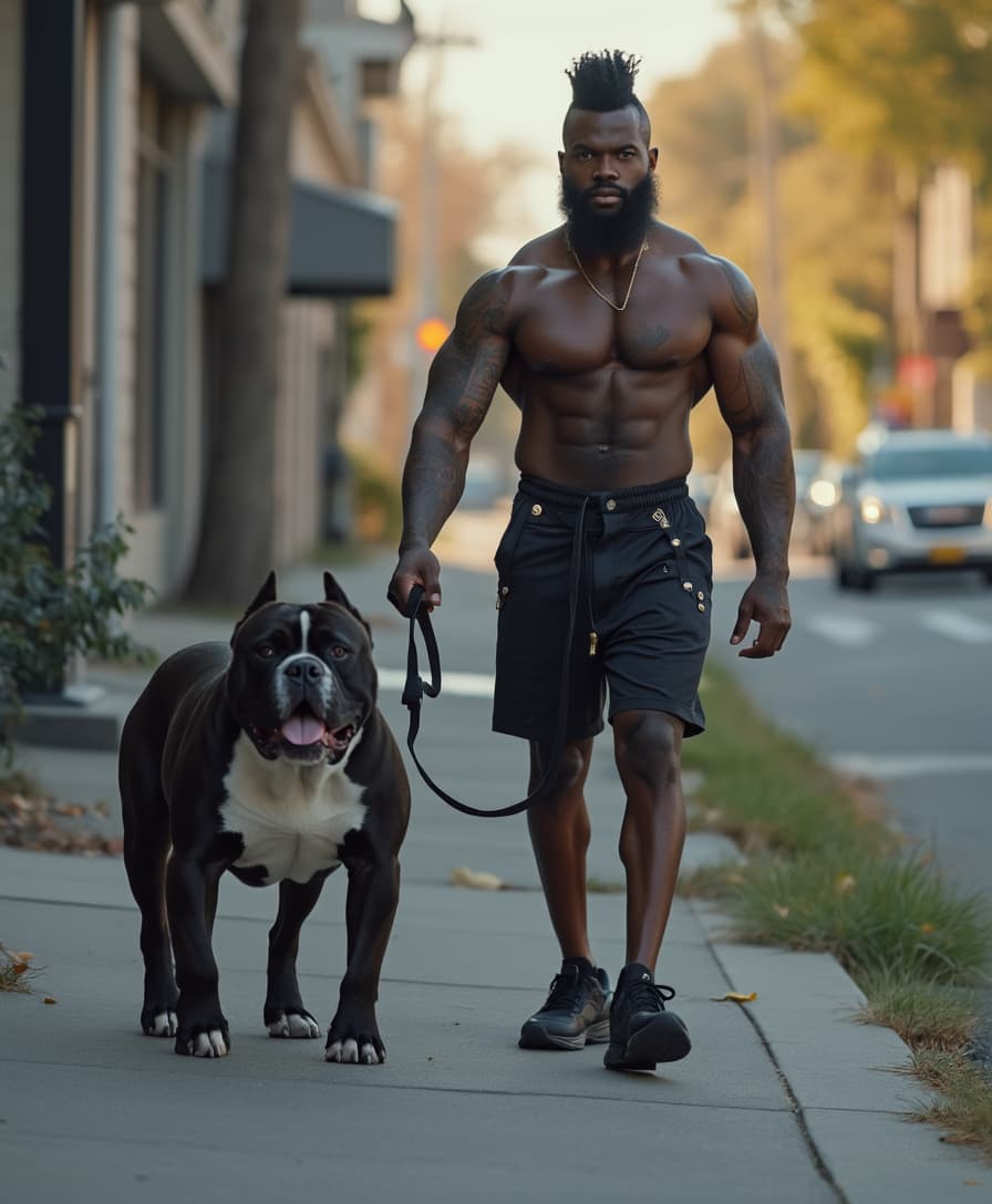 black man walking his pet bulldog on the sidewalk. both are looking mean. man is very big and muscular. man has a high top fade. 