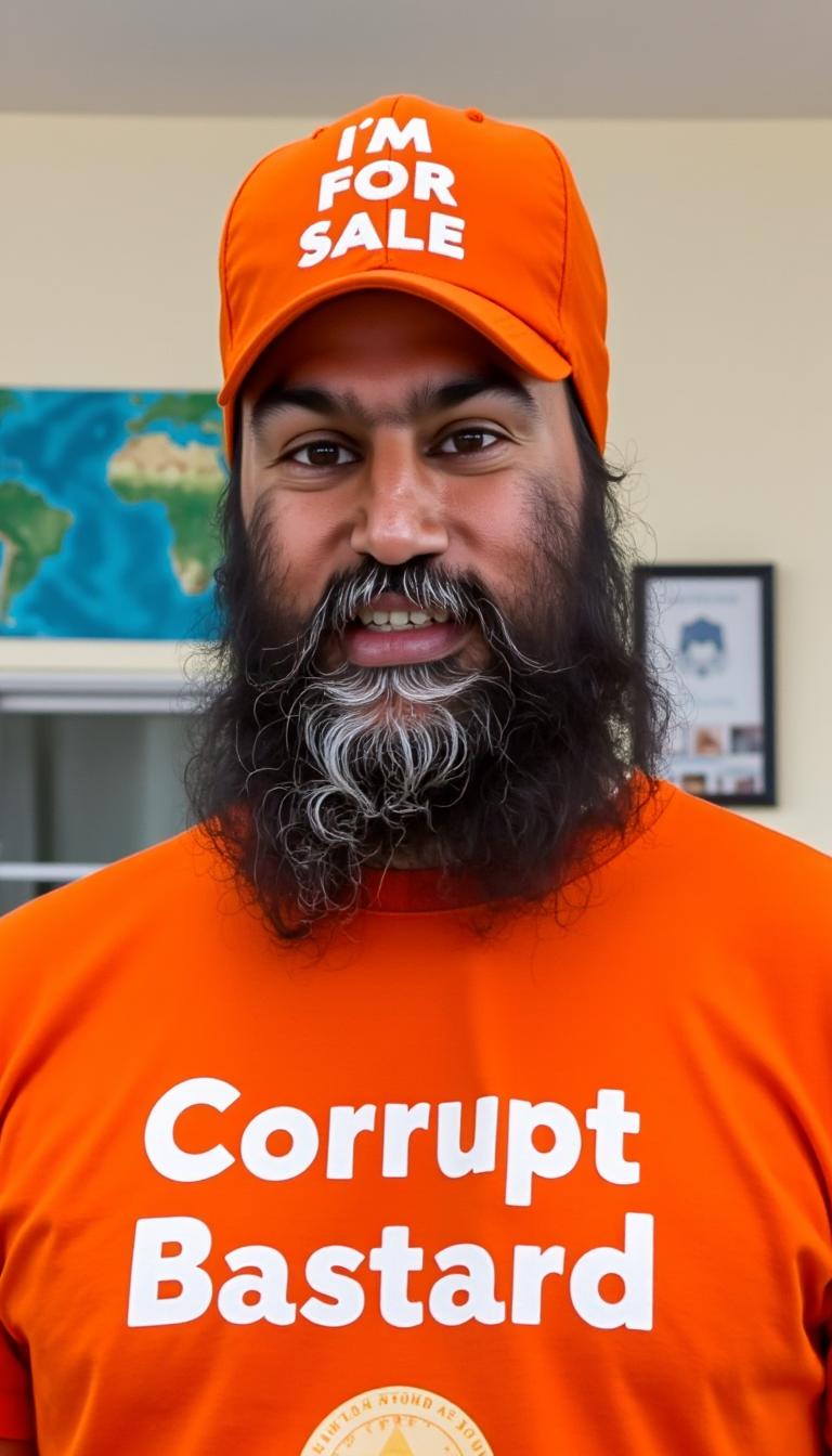 a photo of JAGMEET, wearing a orange ballcap with text that reads "I'M FOR SALE" and JAGMEET is wearing orange t-shirt with white letters "Corrupt Bastard" background a "KALASTANI" flag