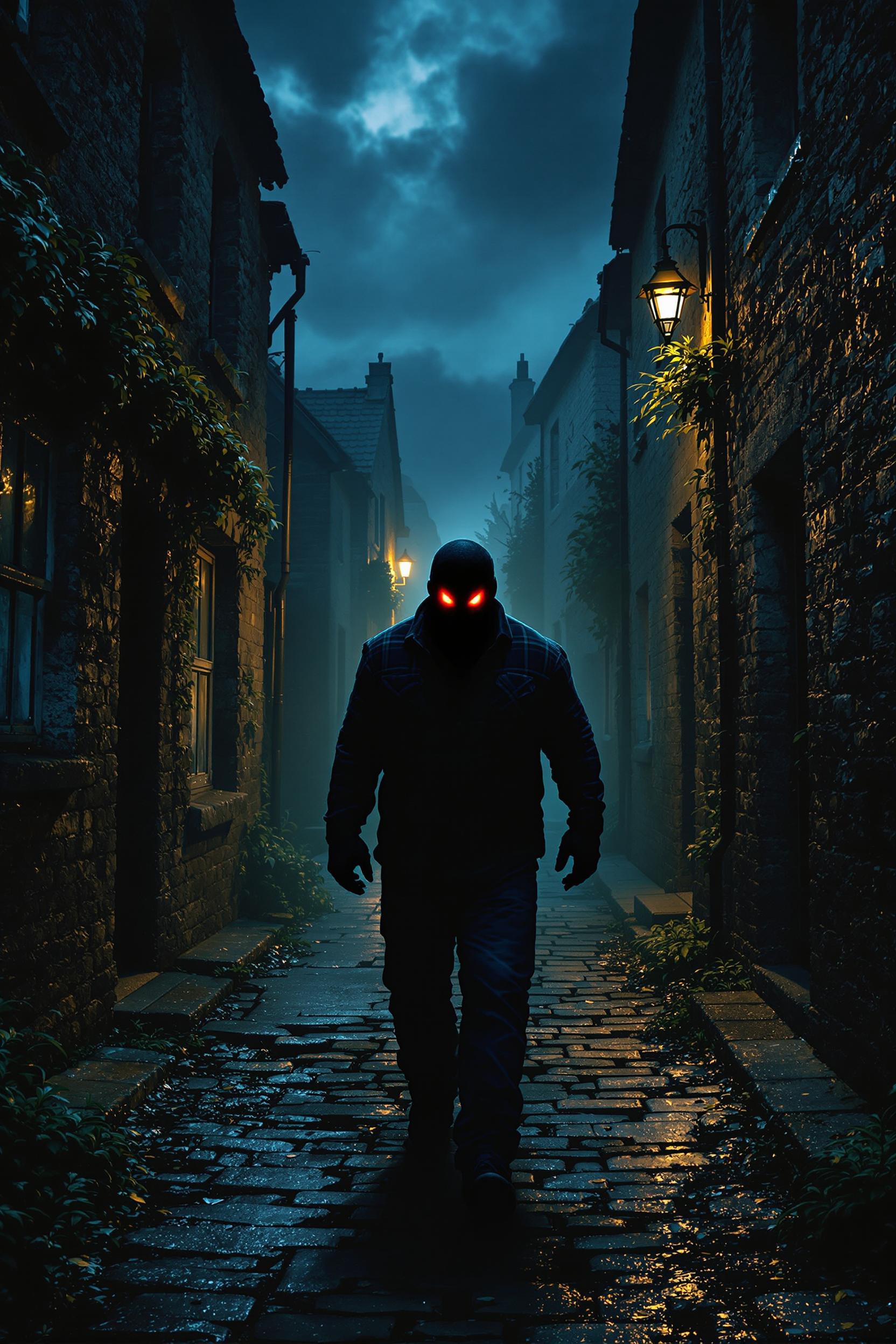 A large man, wearing a plaid shirt and blue jeans, walks down a alleyway in a small irish village late at night.  In front of him, a man made of shadows, with glowing red eyes, waits for him