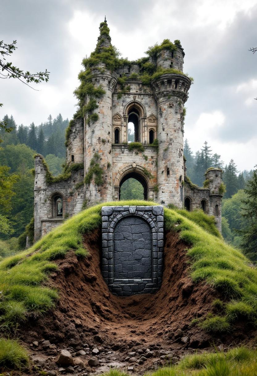 A ancient, crumbling ruins of a    small castle stand in the background of the image. The castle is surrounded by trees and forest.  In the foreground is a mound of dirt covered in grass.  A bulldozer is starting to dig up the ground in front of the mound.   Buried in the mound of dirt is a black stone door