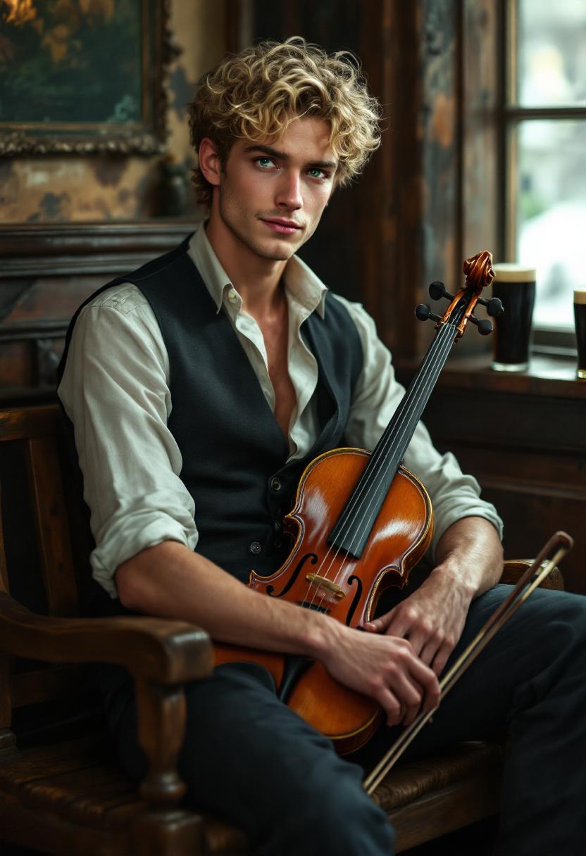 A (somewhat androgynous) mischievous, skinny,  Irishman in his early 20s with short curly blonde hair, bright green eyes, and a roguish grin. **His face is clean shaven**, He wears a dark, well-tailored waistcoat over a linen shirt, with a fiddle in his lap. He sits casually on a wooden bench in an old Irish pub, a pint of Guinness nearby, fingers tapping as if ready to play. His presence is magnetic, both charming and otherworldly. 





