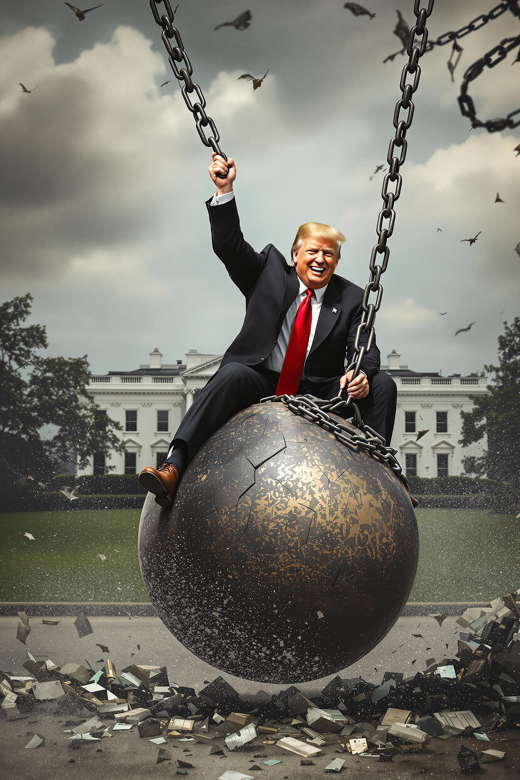create an image of Donald Trump riding a wrecking ball that is swinging from a chain, smiling to viewer. Background the white house