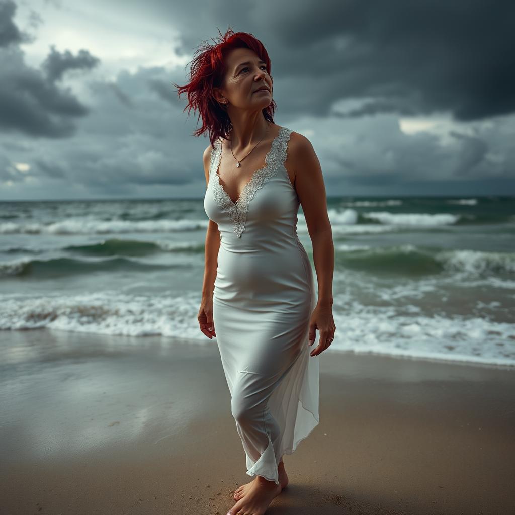 A mysterious 40 year old woman with short red messy hair stands barefoot on a deserted beach, the wind whipping through her messy red hair. She wears a wet, sheer white dress clinging to her pear-shaped curves, revealing glimpses of her form beneath. The ocean crashes behind her, wild and untamed, mirroring her fierce yet elegant presence. Her eyes smolder with intensity, lips slightly parted as she tilts her head back, embracing the stormy air. The moody lighting and dark, rolling clouds add a raw, untamed sensuality to the scene.
