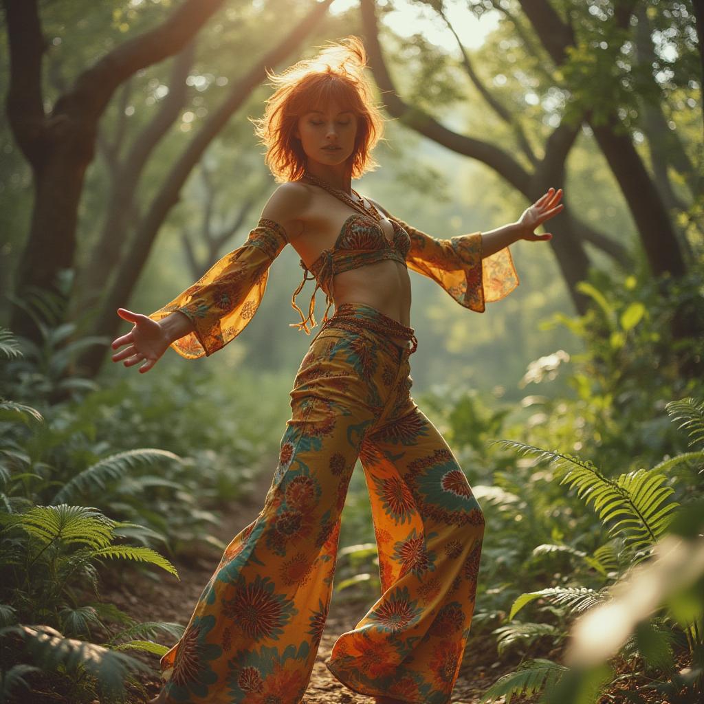 A dynamic scene set in a sun-dappled glade within a forest, where a 40-year-old woman with short, fiery red, messy hair and a pear-shaped figure strikes a provocative pose mid-dance. She wears a bold, patterned bohemian top and matching trousers, both in vibrant, saturated colors with artful cutouts, embodying the daring fashion of the 1970s. Her outfit reflects the era's free-spirited and liberated aesthetic. The composition captures her in motion, surrounded by lush ferns and light-speckled clearings, creating a harmonious blend of movement and nature:

- **Visual Details**: Her hair is tousled, catching the sunlight in strands of red and gold. The bohemian top and trousers are adorned with geometric patterns and floral motifs in rich hues like mustard yellow, burnt orange, and deep teal. Her skin has a sun-kissed glow, and her eyes sparkle with a mix of joy and sensual confidence.

- **Style**: The image is styled in the vibrant, dynamic fashion of the 70s, with rich, saturated colors, natural textures, and a sunlit, vintage album cover aesthetic. The lighting should mimic the warm, dappled light of a forest in late afternoon, with soft shadows and highlights that enhance the textures of both the fabric and the foliage.

- **Composition**: The woman is the focal point, positioned slightly off-center to allow for the dynamic movement of her dance. The camera angle is low, emphasizing her figure and the movement of her limbs, creating a sense of upward energy. The forest elements frame her, with ferns and branches arching gracefully, guiding the viewer's eye through the scene.

- **Mood and Atmosphere**: The mood is one of joyful liberation, with a dreamy, almost ethereal atmosphere. The forest setting should convey a sense of seclusion and peace, contrasting with the bold, energetic pose of the subject. The time of day is late afternoon, with the sun casting long, soft shadows, and the air feels warm and slightly humid.

- **Technical Aspects**: Use a shallow depth of field to isolate the subject from the background, ensuring her vibrant outfit and expressive pose are the focus. Employ motion blur to capture the sense of movement in her dance, while keeping her face and core elements sharp. The image should be rich in color, with a slight graininess to evoke the vintage feel of 70s photography.

- **Cohesion**: All elements work together to create a scene that feels both