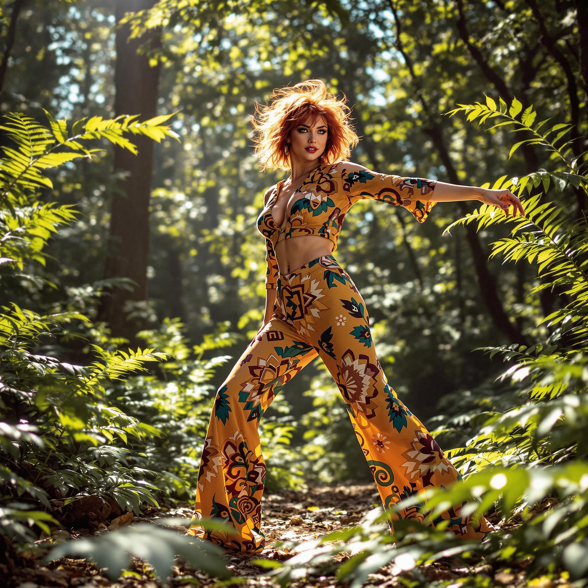 A dynamic scene set in a sun-dappled glade within a forest, where a 40-year-old woman with short, fiery red, messy hair and a pear-shaped figure strikes a provocative pose mid-dance. She wears a bold, patterned bohemian top and matching trousers, both in vibrant, saturated colors with artful cutouts, embodying the daring fashion of the 1970s. Her outfit reflects the era's free-spirited and liberated aesthetic. The composition captures her in motion, surrounded by lush ferns and light-speckled clearings, creating a harmonious blend of movement and nature:

- **Visual Details**: Her hair is tousled, catching the sunlight in strands of red and gold. The bohemian top and trousers are adorned with geometric patterns and floral motifs in rich hues like mustard yellow, burnt orange, and deep teal. Her skin has a sun-kissed glow, and her eyes sparkle with a mix of joy and sensual confidence.

- **Style**: The image is styled in the vibrant, dynamic fashion of the 70s, with rich, saturated colors, natural textures, and a sunlit, vintage album cover aesthetic. The lighting should mimic the warm, dappled light of a forest in late afternoon, with soft shadows and highlights that enhance the textures of both the fabric and the foliage.

- **Composition**: The woman is the focal point, positioned slightly off-center to allow for the dynamic movement of her dance. The camera angle is low, emphasizing her figure and the movement of her limbs, creating a sense of upward energy. The forest elements frame her, with ferns and branches arching gracefully, guiding the viewer's eye through the scene.

- **Mood and Atmosphere**: The mood is one of joyful liberation, with a dreamy, almost ethereal atmosphere. The forest setting should convey a sense of seclusion and peace, contrasting with the bold, energetic pose of the subject. The time of day is late afternoon, with the sun casting long, soft shadows, and the air feels warm and slightly humid.

- **Technical Aspects**: Use a shallow depth of field to isolate the subject from the background, ensuring her vibrant outfit and expressive pose are the focus. Employ motion blur to capture the sense of movement in her dance, while keeping her face and core elements sharp. The image should be rich in color, with a slight graininess to evoke the vintage feel of 70s photography.

- **Cohesion**: All elements work together to create a scene that feels both