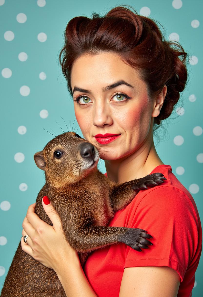  a photo of ALEMAP woman, 1950's Pop-art , red lipstick, holding a Capybara. Editorial image with Clemens Ascher's bright, soda-themed pop-art style. light blue pokadot background, pop art style by aleksandra waliszewska