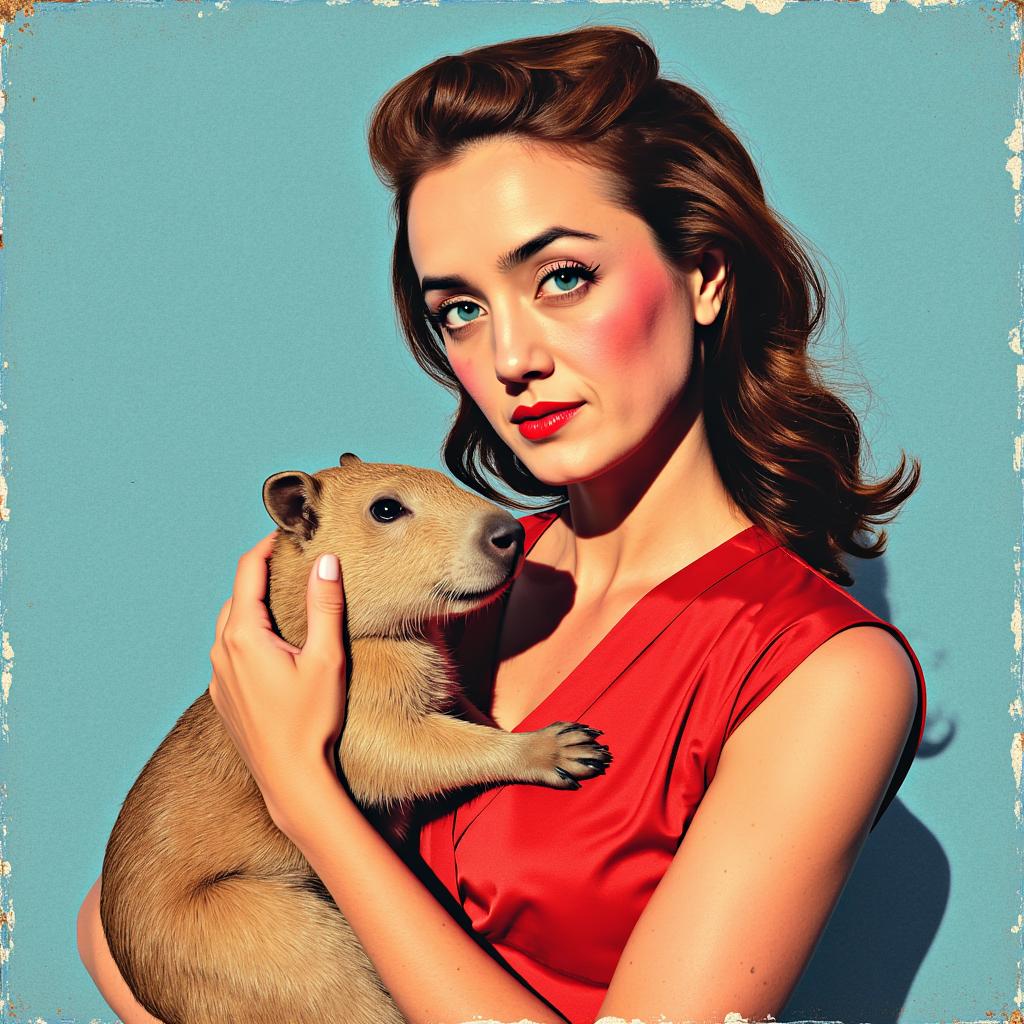 a photo of ALEMAP woman, 1950's Pop-art , red lipstick, holding a Capybara. Editorial image with Clemens Ascher's bright, soda-themed pop-art style. light blue pokadot background, pop art style by aleksandra waliszewska