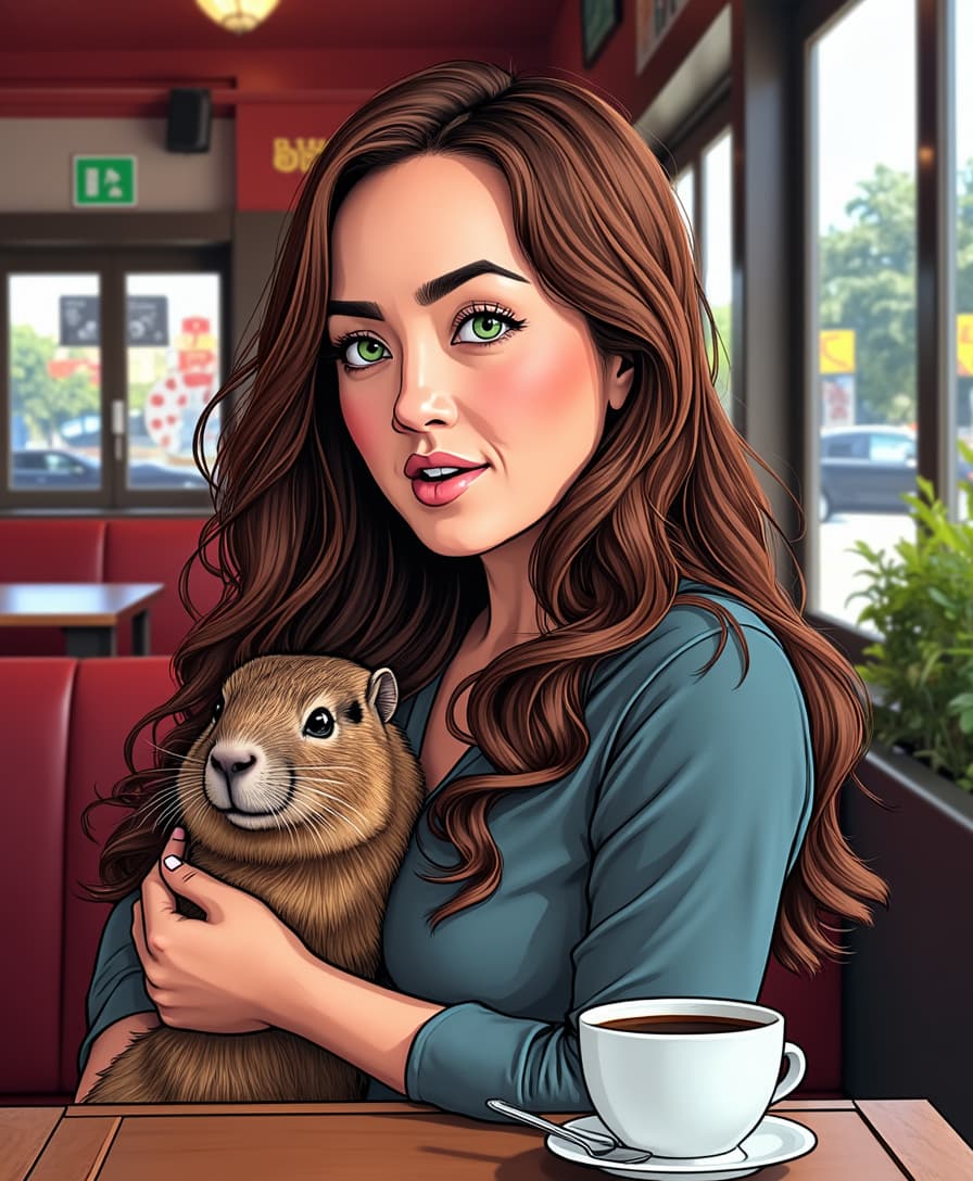 ALEMAP woman with green eyes, sitting in a cafe. A coffee cup is on the table. The style is comic book with flat colors and a vector illustration. The color palette includes reds, blues and greys. It is high resolution with high detail, intricate details and sharp focus in the style of studio photography with hard light. she is holding a capybara