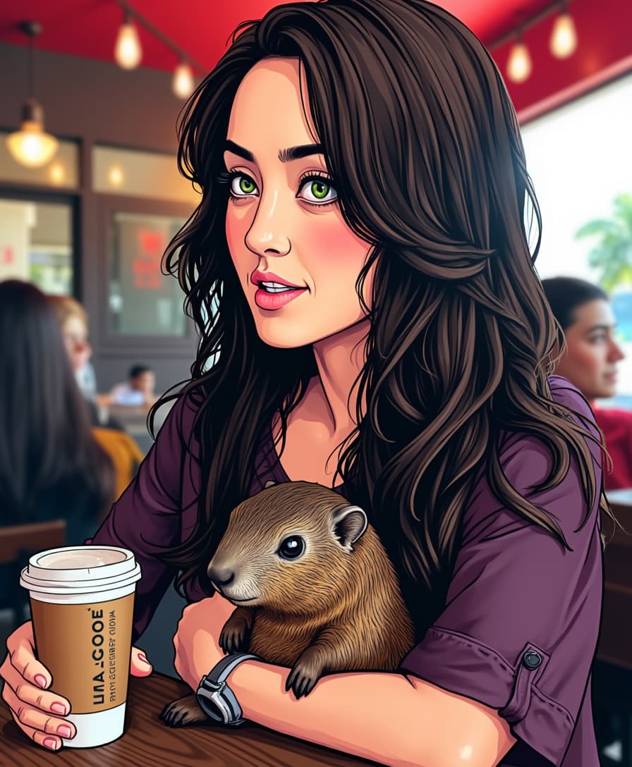 ALEMAP woman with green eyes, sitting in a cafe. A coffee cup is on the table. The style is comic book with flat colors and a vector illustration. The color palette includes reds, blues and greys. It is high resolution with high detail, intricate details and sharp focus in the style of studio photography with hard light. she is holding a capybara