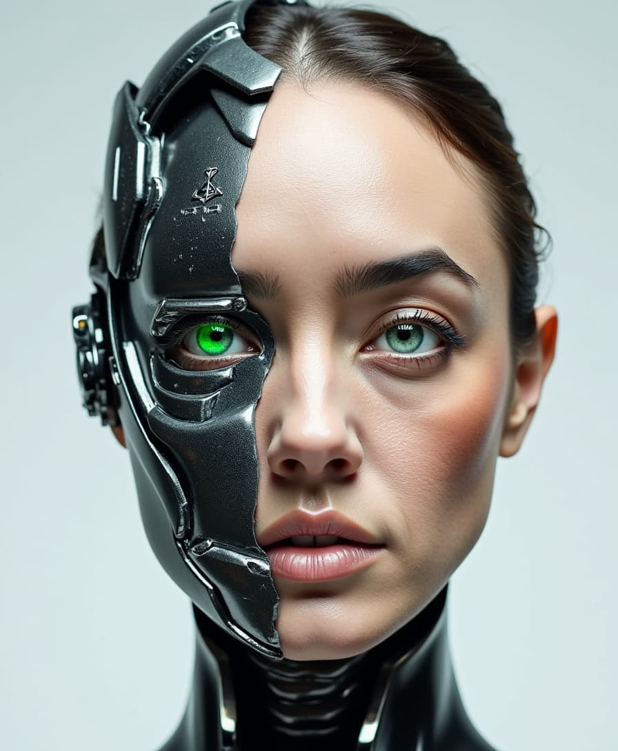a photo of ALEMAP woman, a character who is half woman and half robot. The image features a torn page effect with the right half revealing a human face, while the left half showcases a robotic visage, characterized by sleek metallic surfaces and glowing artificial green eyes. 