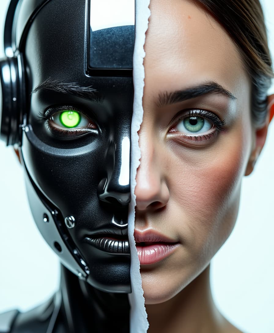 a photo of ALEMAP woman, a character who is half woman and half robot. The image features a torn page effect with the right half revealing a human face, while the left half showcases a robotic visage, characterized by sleek metallic surfaces and glowing artificial green eyes. 