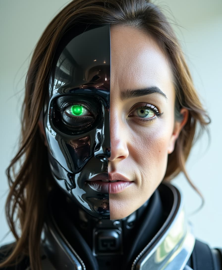 a photo of ALEMAP woman, a character who is half woman and half robot. the right half revealing a human face, while the left half showcases a robotic visage, characterized by sleek metallic surfaces and glowing artificial green eyes. 