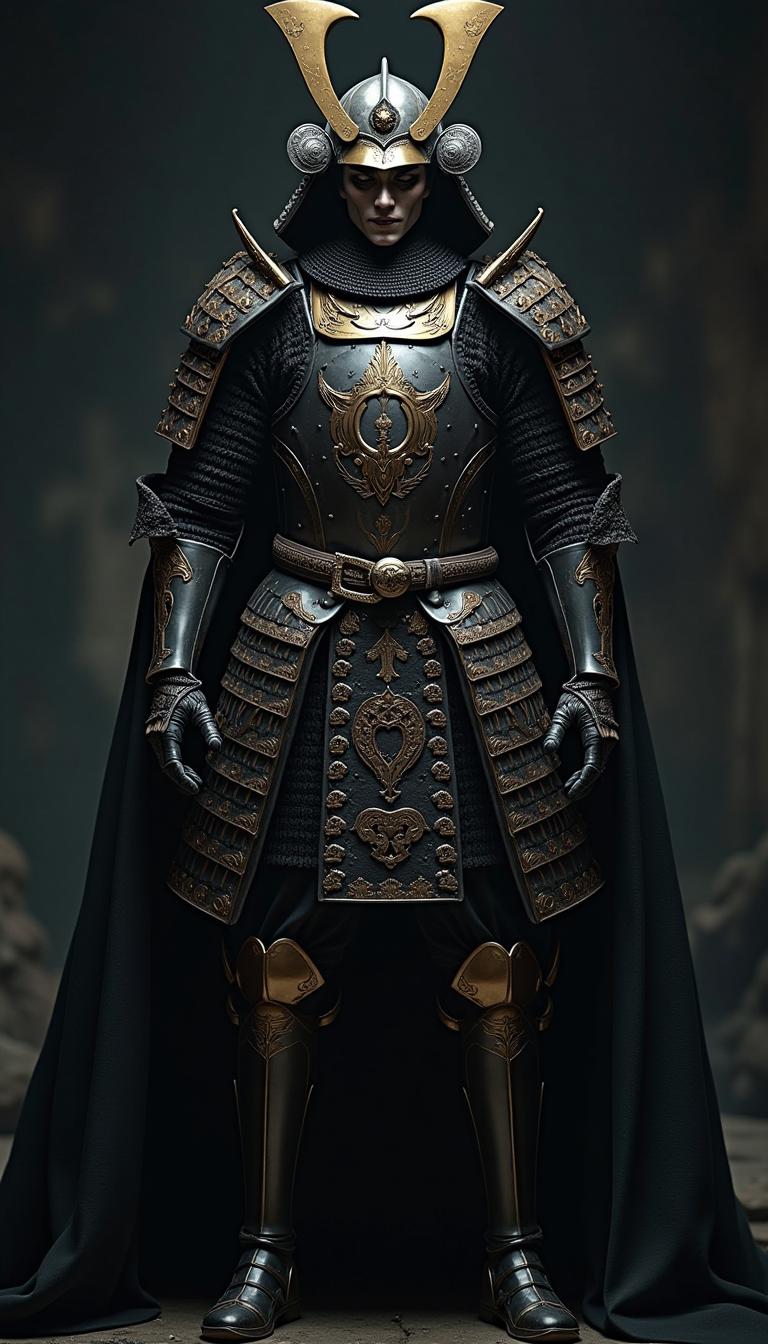 A dark and imposing figure stands before us, embodying the essence of an evil character blended seamlessly with the noble stature of a knight. Clad in intricately designed military armor that glistens ominously under a dim light, every detail tells a story of power and malevolence. The armor, adorned with sharp edges and sinister motifs, enhances the character's formidable presence, while the face, viewed head-on, reveals a chilling yet captivating expression that draws the eye. This artistic representation, rich in creative flair, transforms the traditional image of a samurai into a hauntingly beautiful warrior, evoking both fear and admiration in the beholder.