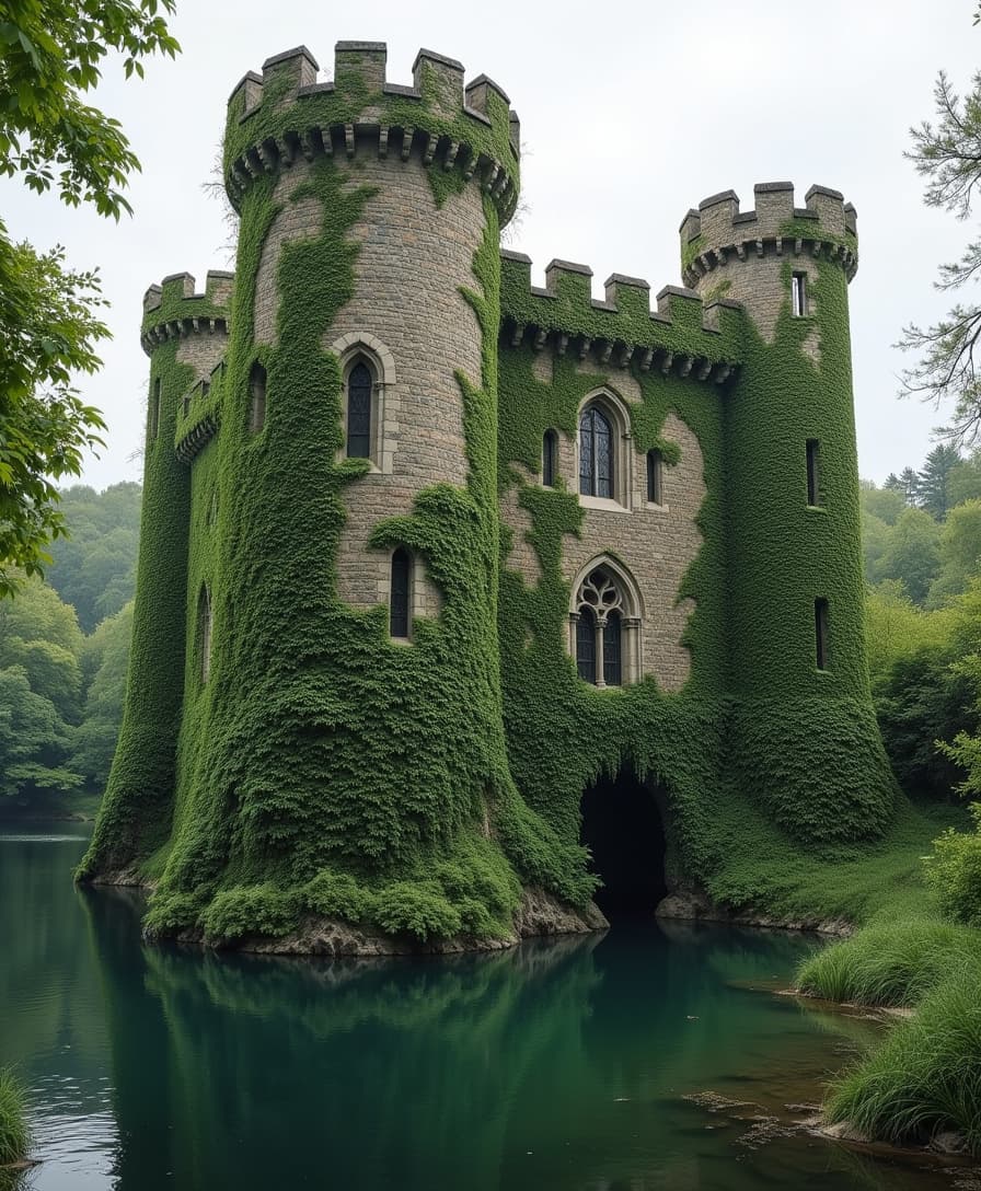 A majestic stone castle stands proudly, its walls overgrown with ivy and vines that cascade down like nature's drapery. The texture of the weathered stone is softened by the vibrant greens, creating a stunning contrast that speaks of age and resilience. Surrounding the castle is a serene water moat, its reflective surface mirroring the enchanting scene above. The combination of the lush vegetation and the sturdy stone gives the castle an air of both mystery and timeless beauty, inviting visitors to explore its storied past.