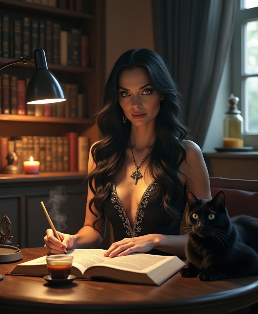 A stunning 40-year-old witch with long, wavy raven-black hair and piercing green eyes sits in a modern study, engrossed in reading an ancient spell book. She wears a sleek black dress with subtle silver embroidery, hinting at her mystical nature. The room is illuminated by warm, ambient lighting from a modern desk lamp, casting soft shadows on the walls lined with bookshelves filled with occult texts and magical artifacts. The old-fashioned wooden desk in front of her is adorned with an open grimoire, a quill pen, a steaming cup of herbal tea, and flickering candles. A black cat lounges nearby, watching intently. The atmosphere blends contemporary elegance with a touch of gothic magic, creating an enchanting yet sophisticated scene. Ultra-realistic, 8K resolution, cinematic lighting, photorealistic textures, shot on a high-end DSLR.