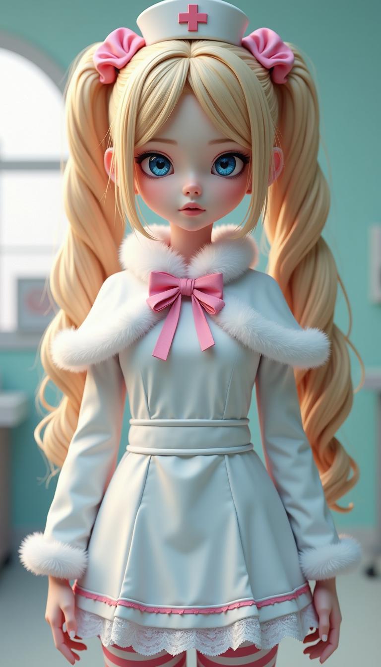 Rendered in stunning 4K and UHD resolution with Octane Render CGI technology ((Long blonde hair in twin tails with drill-shaped ends)) pink hair ribbon with white lace frills, long sleeves, Sleeves are short than the wrist, nurse costume, (A mini crown that sits diagonally off-center on the head.), fur-trimmed capelet, white capelet, pink and rad striped pantyhose,(A white halloween nurse dress with white flounces around the outside, which starts at the center front around the thighs and gradually gets longer as it approaches the heels.)  ((Masterpiece:1.2)), (Best Quality), (Photorealistic, Photorealistic:1.37), (Detailed),(Very Beautiful Symmetrical Face), (Excessively Attractive female), (Strong Highlights in Eyes), (((Pixel Perfect, Perfect in every detail))), (hospital),  (Frowning:1.1), (blush:1.1), (The bangs are split like two large antennae, exposing the forehead.), blue eyes, glossy lips, Symbol-shaped pupil, Half-closed eyes, ((beautiful detail eyes:1.3)),   correct and perfect hands and fingers , confused,correct anatomy, Rogue and cute, many details, looking at viewer, full body, solo,  creating a vibrant impression, away from the camera, anatomically correct,  closed mouth, ringlets,  Her expressive, charming eyes and soft, delicate facial features arouse admiration, creating a welcoming and adorable presence