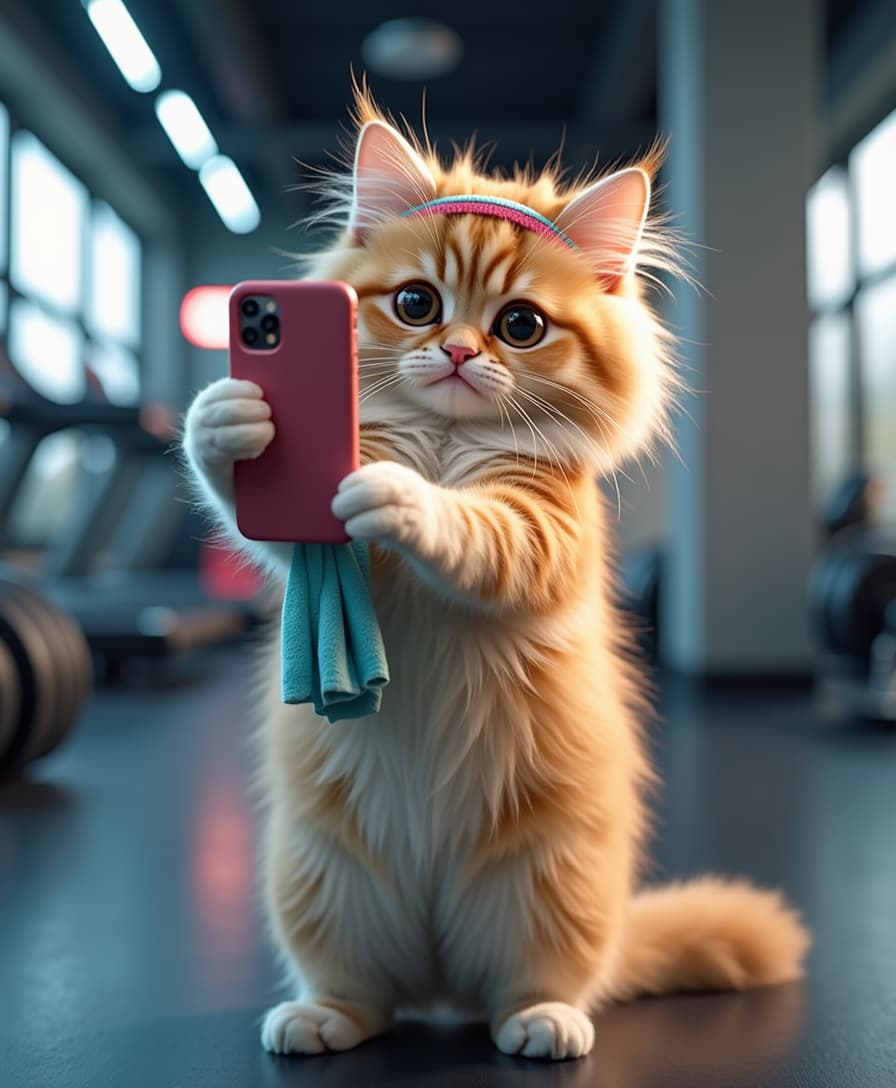 A fluffy, adorable  female cat standing on its hind legs in a modern gym, holding a smartphone with its front paws, taking a selfie. The cat has a playful expression, big round eyes, and perked-up ears. It wears a tiny sweatband on its head and has a small towel draped over its shoulder, looking like it just finished a workout. The background includes gym equipment like dumbbells, treadmills, and neon fitness lights. The scene is bright and energetic, capturing a humorous and cute moment of a cat acting like a human in a gym.
