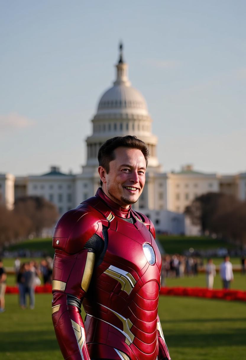  a photo of MUSK, wearing an MUSK Iron Man suit looking at viewer smiling happy.. background the IS capital WhiteHouse Arial 