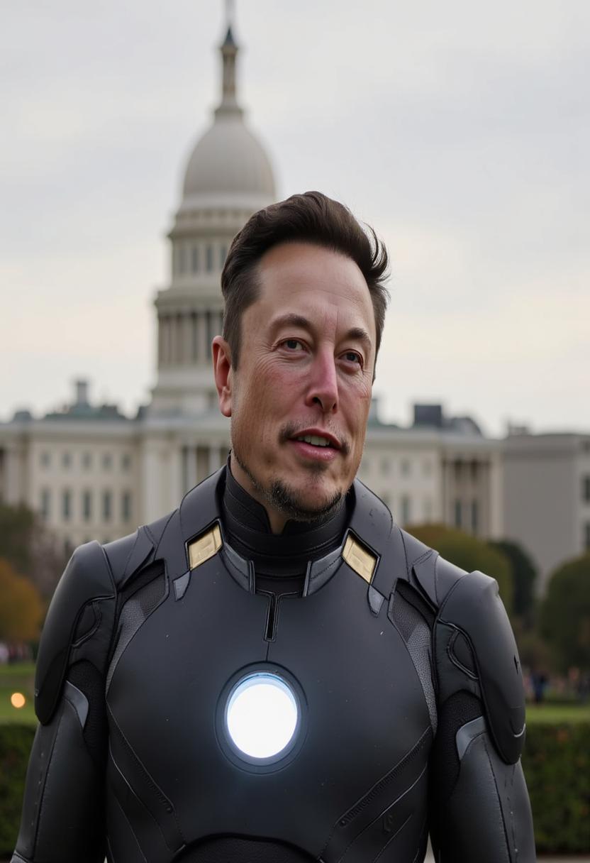  a photo of MUSK, wearing an MUSK Iron Man suit looking at viewer smiling happy.. background the IS capital WhiteHouse Arial 