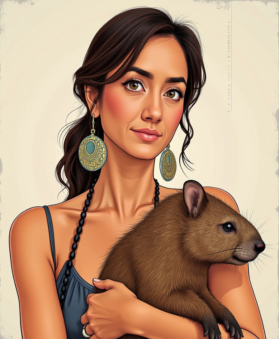  An illustration of ALEMAP woman, with large earrings, holding a Capybara