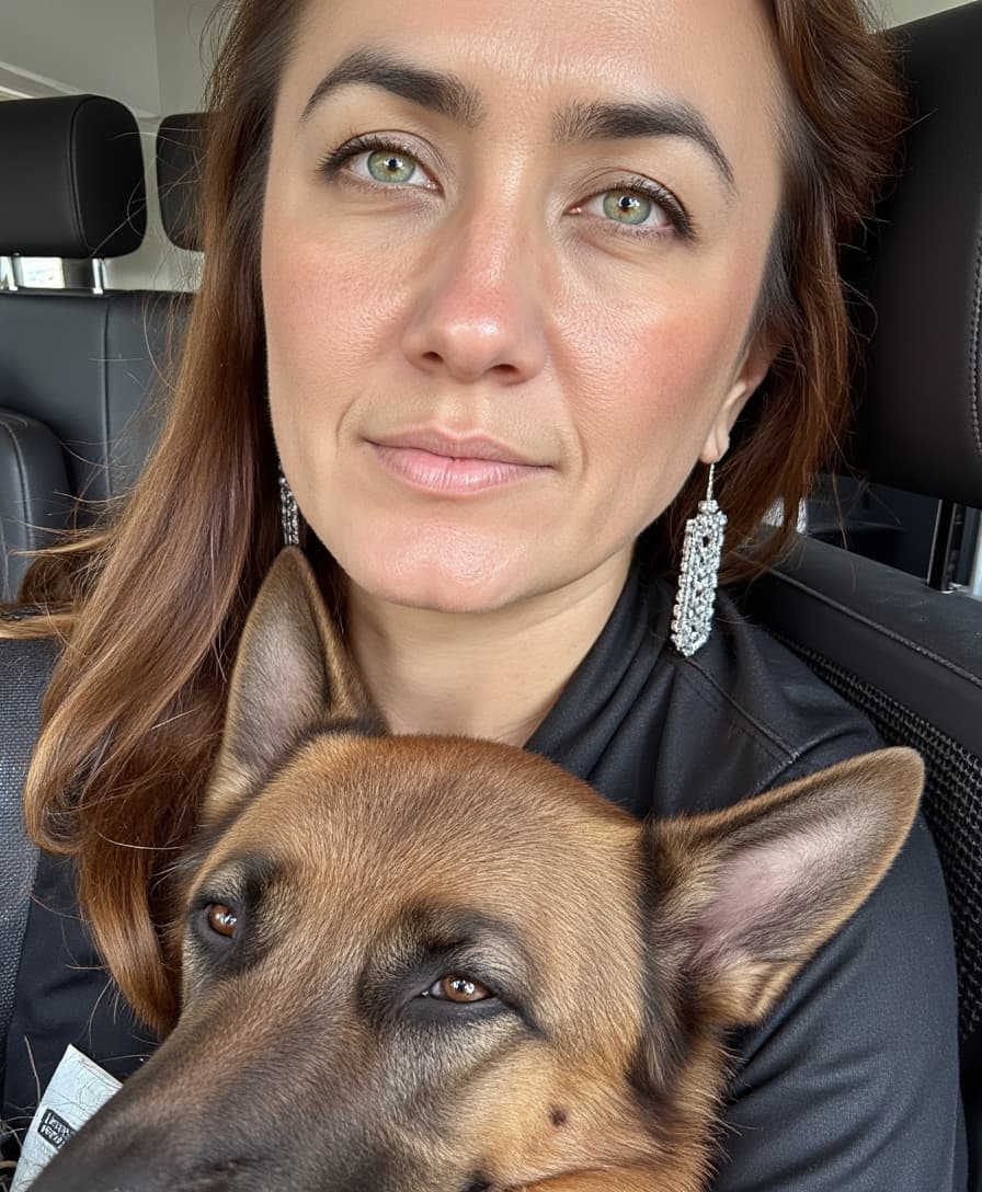 A photo of ALEMAP woman, green eyes, with large earrings, holding a teacup miniature german shepherd CIRCESHEPHERD dog