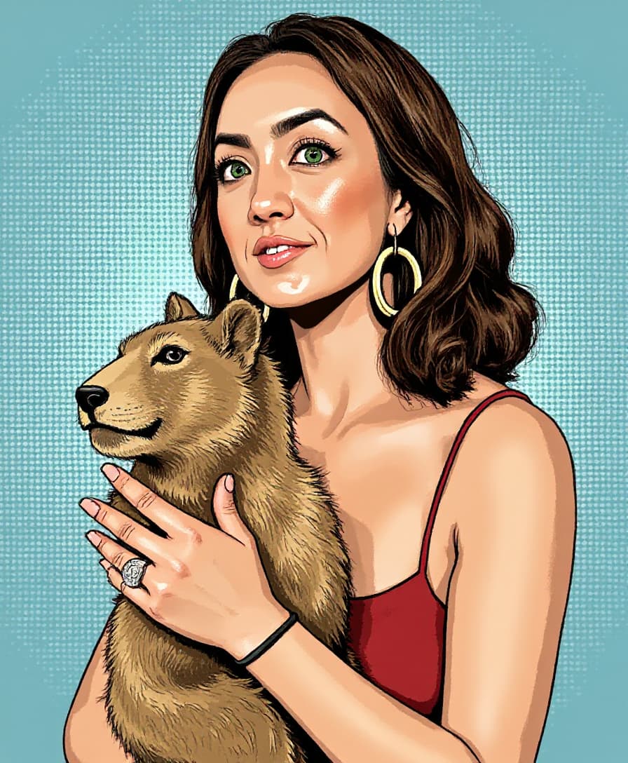  a photo of ALEMAP woman, with green eyes, wearing large earrings, 1950's Pop-art ,  holding a Capybara. Editorial image  pop-art style. light blue pokadot background, pop art style 