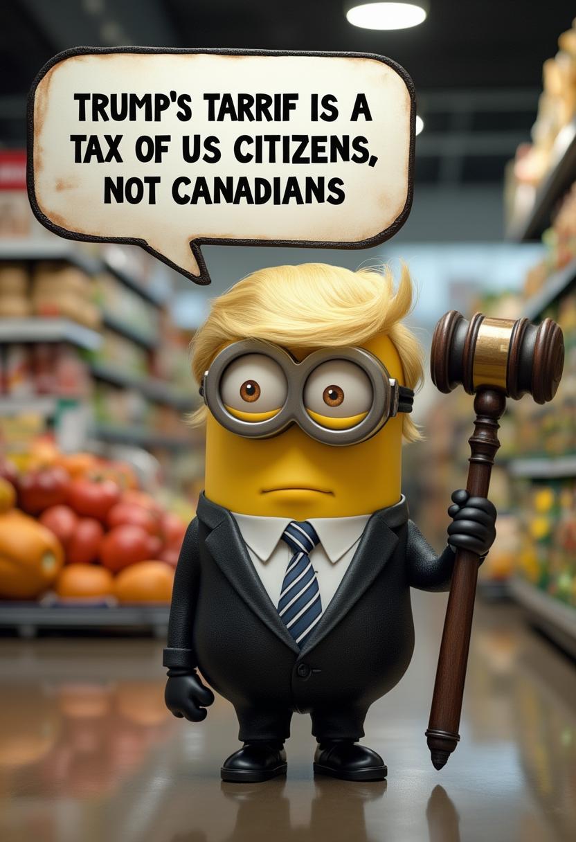 Create a image of a minion wearing an Trump haur, suit tie, outfit with a speach bubble that reads "TRUMP'S TARRIF IS A TAX ON US CITIZENS, NOT CANADIANS" the minion is holding a huge massive gavel ..background in a grocery store 