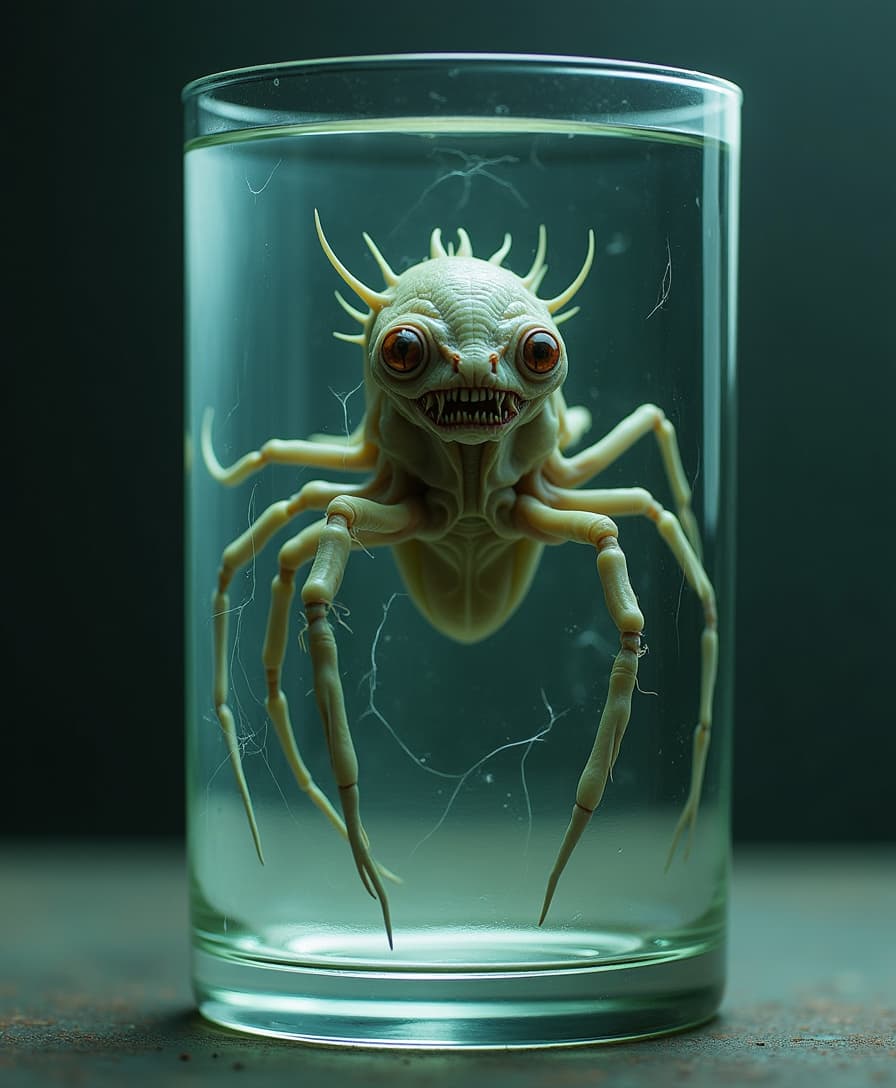 Description: The camera gradually zooms in on the glass. Inside, an otherworldly creature—a grotesque fusion of bioengineered tissue and alien matter—floats ominously. Its form subtly shifts, adapting to its environment.
🔹 Details: The creature stirs slightly, its form shifting unpredictably as if testing its surroundings. Tiny, almost imperceptible cracks on the glass hint that it has tried to escape before.
🔹 Mood: A creeping sense of unease, as if something is watching back.