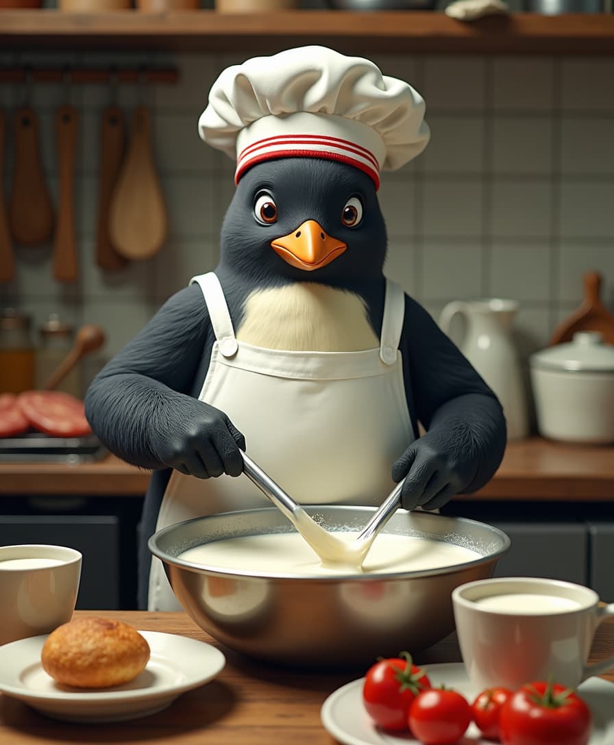 A cool and collected anthropomorphic penguin in a busy Turkish kitchen, meticulously preparing fresh ayran by mixing yogurt, water, and salt in a large metal bowl. He wears a tiny Turkish chef’s hat, and his flippers work with surprising speed and accuracy. The kitchen around him is chaotic, with sizzling meat and the clink of dishes, but he stays calm, moving with precision. He serves the ayran in oversized cups, making sure the froth rises perfectly to the top.