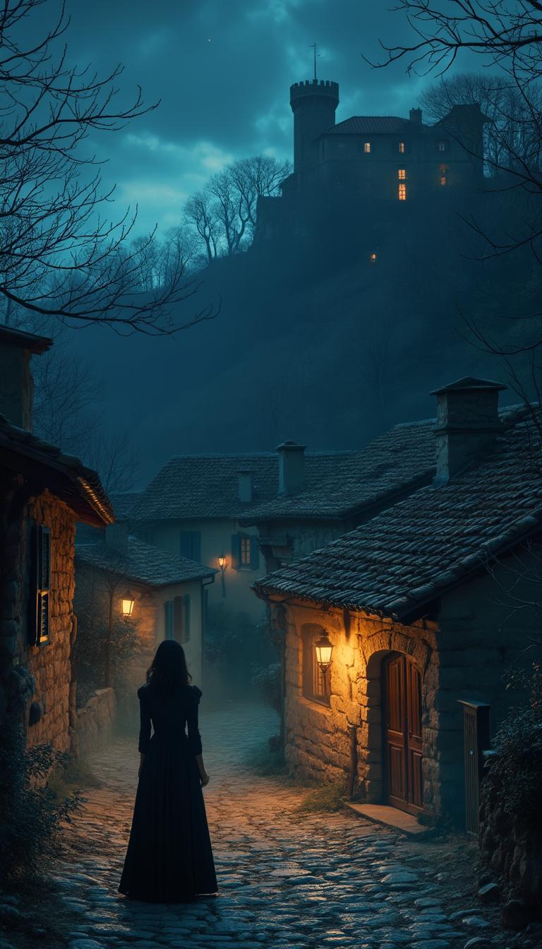 A serenely isolated village at night, enveloped in a mysterious, soft blue light, with rustic houses adorned with terracotta roofs and wooden shutters casting long shadows. The village streets, lined with worn cobblestones, lie quiet and deserted, except for a lone figure of a mysterious woman standing at the entrance, shrouded in darkness. Behind her, a dark forest looms, with the silhouette of an old, abandoned castle in the distance, its towers reaching towards the starry sky like skeletal fingers. The faint glow of lanterns flickers like fireflies, as the village slumbers, unaware of the secrets that the night may bring.
