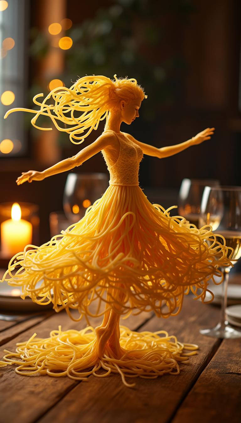 The spaghetti dancer is fully formed, mid-spin. Her pasta dress flows gracefully, mimicking fabric in motion. The golden strands glisten under candlelight, creating a mesmerizing effect. The background remains warm and cinematic, with the wine glass and fairy lights adding depth. Ultra-HD 8K, hyper-realistic motion blur, warm cinematic depth.Background: Cozy Italian restaurant, rustic wooden table, warm candlelight, blurred fairy lights.
Lighting: Soft golden glow, cinematic shadows, natural reflections on pasta.
Character Design: Spaghetti forming an elegant ballerina, delicate arms, flowing pasta dress.
Consistency: Maintain the same camera angle and perspective across frames.