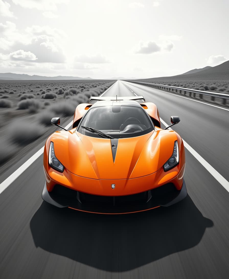 A stunning, high-contrast, desaturated black and white photograph of a vibrant orange racing car speeding down a highway, captured with a cinematic 50mm lens, evoking a sense of gritty realism. The image should exude a sense of dynamism, with the car's sleek lines and vibrant color popping against the gritty, grainy background. The hard light casting deep shadows accentuates the car's curves, while the subtle film grain adds a layer of tactility. The composition is masterfully balanced, with the car placed centrally, surrounded by an expansive, empty highway that stretches into the distance. The photograph should evoke the feeling of a candid, unposed shot, as if the photographer just happened to capture the car in motion. The overall aesthetic should be gritty, realistic, and breathtakingly beautiful, with a subtle sense of nostalgia courtesy of the grainy, film-inspired texture.