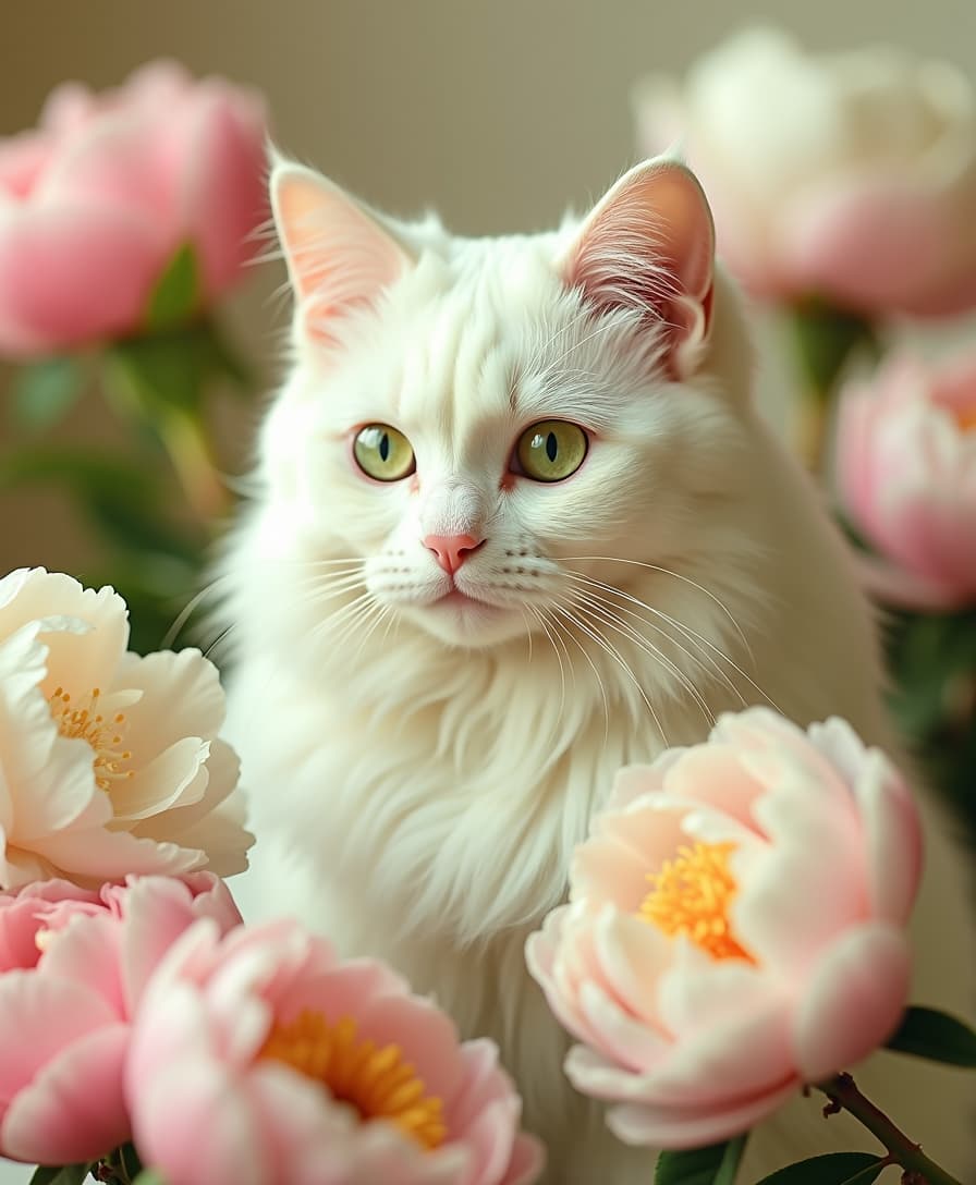 a dreamlike and vivid cinematic photograph of a majestic white cat, with velvety soft fur and piercing emerald green eyes, surrounded by lush, delicate peonies in various shades of soft pink and creamy white, set against a warm, creamy background with subtle film grain, evoking a sense of nostalgia and enchantment, with the cat's gentle gaze drawing the viewer's attention, as if lost in thought, amidst the whimsical, surreal atmosphere.