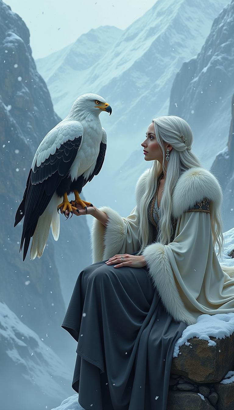 The image depicts a mystical winter scene where a woman with long, silver-white hair, dressed in a flowing, fur-lined cloak, sits on a rocky ledge surrounded by snowfall. She gazes intently at a majestic white and black-feathered eagle, which perches on her outstretched arm, its wings partially spread as if ready to take flight. The background features a misty, snow-covered mountain range, adding to the ethereal and otherworldly atmosphere. The lighting is soft and diffused, giving the scene a dreamlike quality.

A mystical winter fantasy scene featuring a woman with long, silver-white hair dressed in an elegant, fur-lined cloak. She sits on a rocky ledge in a snow-covered mountain landscape, surrounded by softly falling snowflakes. In front of her, a majestic white feathered eagle perches on her arm, its wings partially spread. The atmosphere is ethereal, with soft, diffused light creating a dreamlike and magical ambiance. The woman’s expression is calm and wise, as if she shares a deep bond with the eagle. The art style is highly detailed, semi-realistic with a painterly fantasy aesthetic, similar to epic fantasy illustrations.

