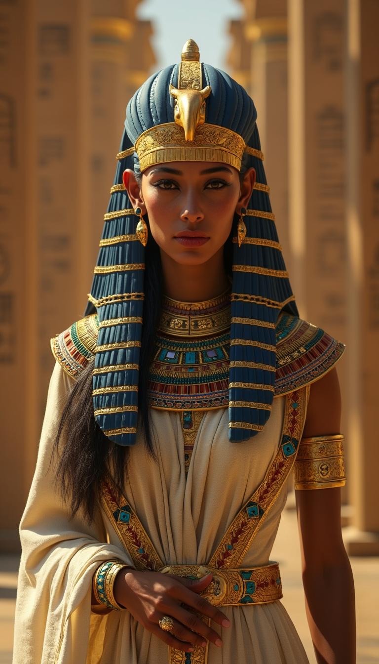 The ancient Egyptian queen, Aisha, Pharaoh's wife, was very beautiful and graceful, her beauty was like that of an angel. She wore a white linen dress embroidered with gold, symbolizing her royal status. A luxurious shawl draped over her shoulders, decorated with intricate patterns and gemstones. His head is crowned with a vulture headdress and a gold crown inlaid with lapis lazuli. She wears a wide, intricate necklace, gold bracelets, and rings. Her eyes were highlighted with thick black kohl, and her lips were painted a deep red. The background features tall columns, hieroglyphs on the walls, and warm golden lighting, evoking the splendor of ancient Egypt((the figure of the Pharaoh in front of an angry Aisha)),((is standing before the mighty Pharaoh ))8K resolution, highly detailed 8k cinematic lighting, 8K resolution, highly detailed cinematic lighting, "Hyper-detail, HDR (High Dynamic Range, Film grain / cinematic depth of field, Highly detailed, Ultra-realistic, Photorealistic