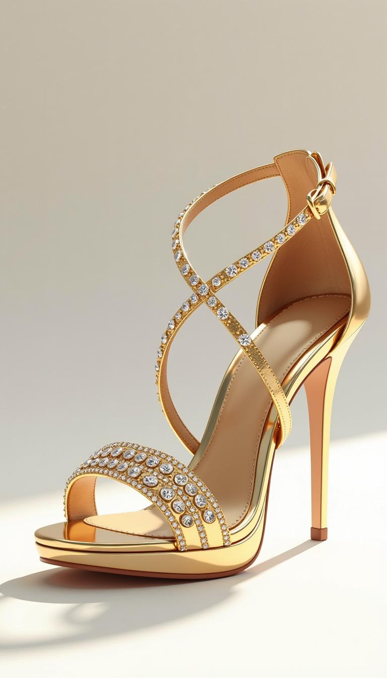 A highly detailed, cinematic 3D Pixar-style close-up of a elegant gold female high-heeled sandal, adorned with intricately designed diamond embellishments that sparkle against a pristine white background, with subtle soft lighting that accentuates the textures and curves of the sandal, giving it a luxurious and sophisticated appearance.

