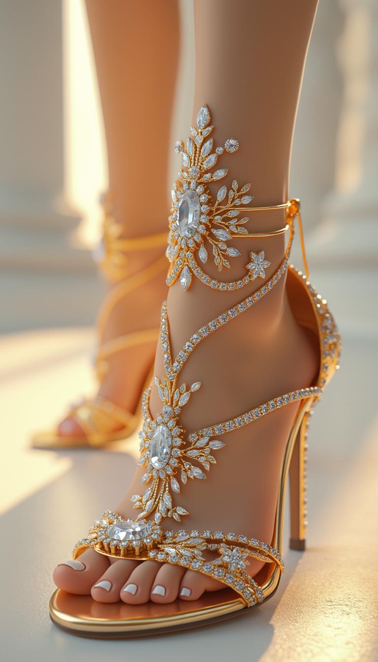 A highly detailed, cinematic 3D Pixar-style close-up of a elegant gold female high-heeled sandal, adorned with intricately designed diamond embellishments that sparkle against a pristine white background, with subtle soft lighting that accentuates the textures and curves of the sandal, giving it a luxurious and sophisticated appearance.
