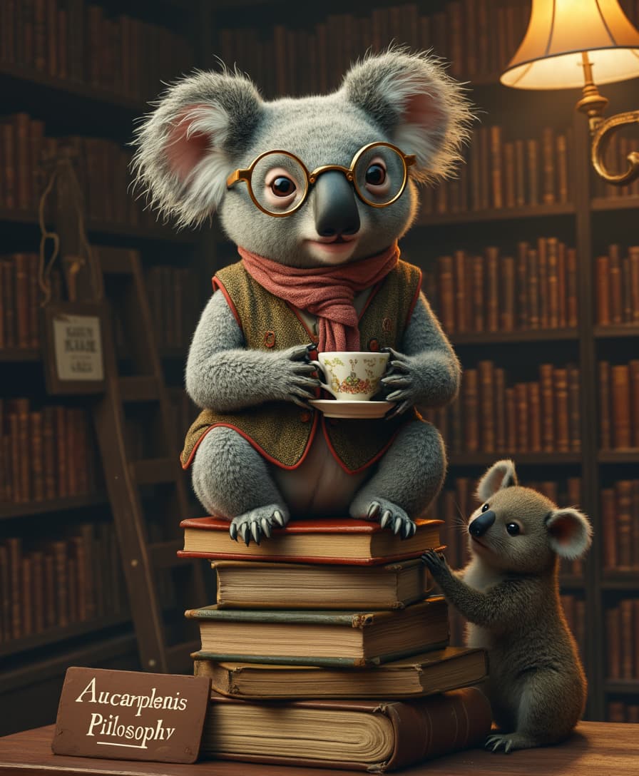 Hyper-realistic koala wearing a vintage tweed vest with elbow patches, round wire-rimmed glasses perched on its nose, and a tiny scarf draped over its shoulders. It sits atop a towering stack of books in a dimly lit, wood-paneled library, clutching a miniature teacup. Golden lamplight highlights its fluffy gray fur and the dust motes floating around antique bookshelves. Add whimsy: a ‘Quiet Please’ sign hanging from a nearby ladder and a possum peeking shyly from behind a book titled ‘Eucalyptus Philosophy’.