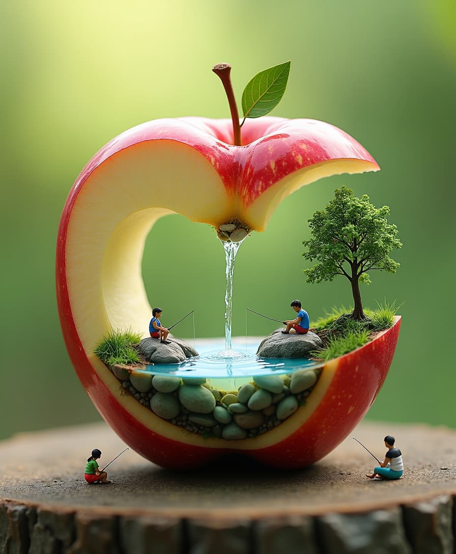 A surreal digital artwork of a halved apple forming a miniature landscape. The bottom half of the apple contains a small pond with crystal-clear blue water, surrounded by tiny lush green trees and realistic miniature rocks. The top half of the apple is floating above, pouring a delicate waterfall into the pond. Tiny, detailed figures of people are engaging in various activities around the pond, such as fishing, sitting, and admiring the view. The background is softly blurred, creating depth and emphasizing the central composition of the whimsical apple world.








