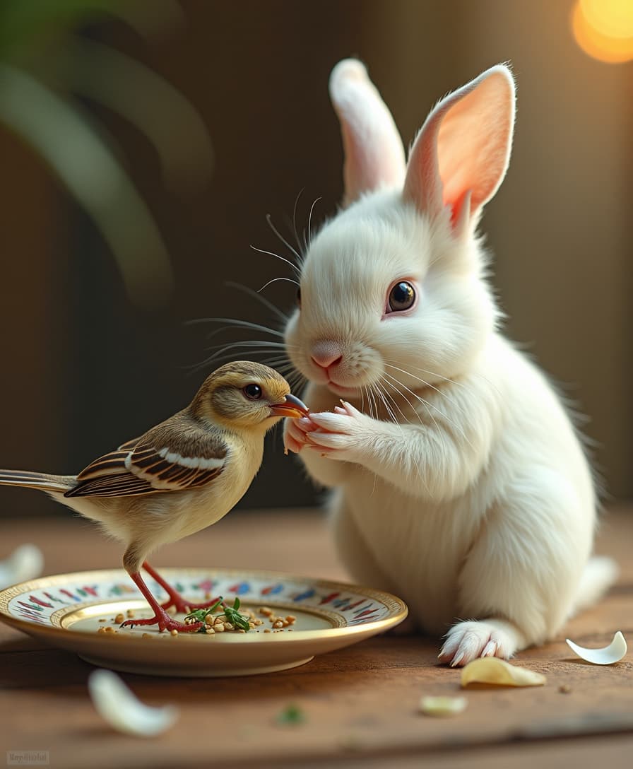 a highly detailed and vibrant surreal cinematic photograph of a small white rabbit, with realistic fur texture and subtle whiskers, tenderly holding a fragile sparrow in its paws, the sparrow's wings carefully wrapped in clean white bandages, with a few loose threads hanging loose, as the rabbit gently feeds it some fresh greens or seeds from a delicate, intricately patterned ceramic plate, set against a dreamlike, warm-hued background with soft, golden lighting, nostalgic film grain and subtle lens flares, evoking a sense of wonder and harmony between two unlikely friends, with the rabbit's bright, inquisitive eyes and the sparrow's tiny, fearful gaze fixed on the viewer.






