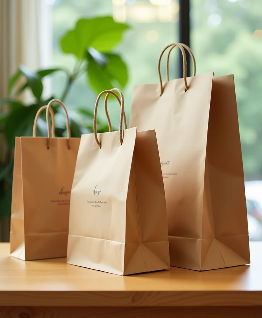 A collection of elegant, eco-friendly paper bags in various sizes, neatly placed on a wooden table. The bags are sturdy, with natural kraft paper tones, subtle branding, and recyclable materials. The background features a bright, modern retail space with greenery, emphasizing sustainability and responsible shopping.








