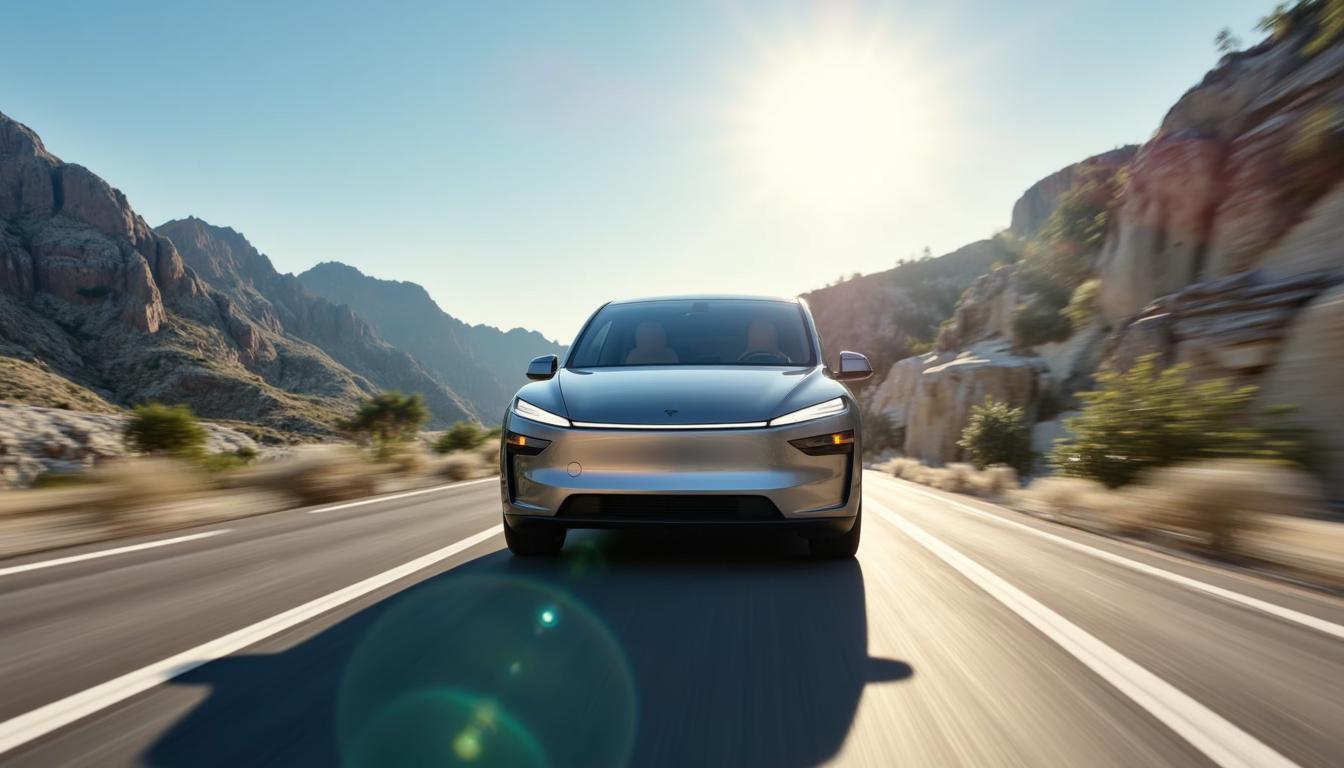 a photo of a T3SLAMDLYJNP3R car, driving through the mountains