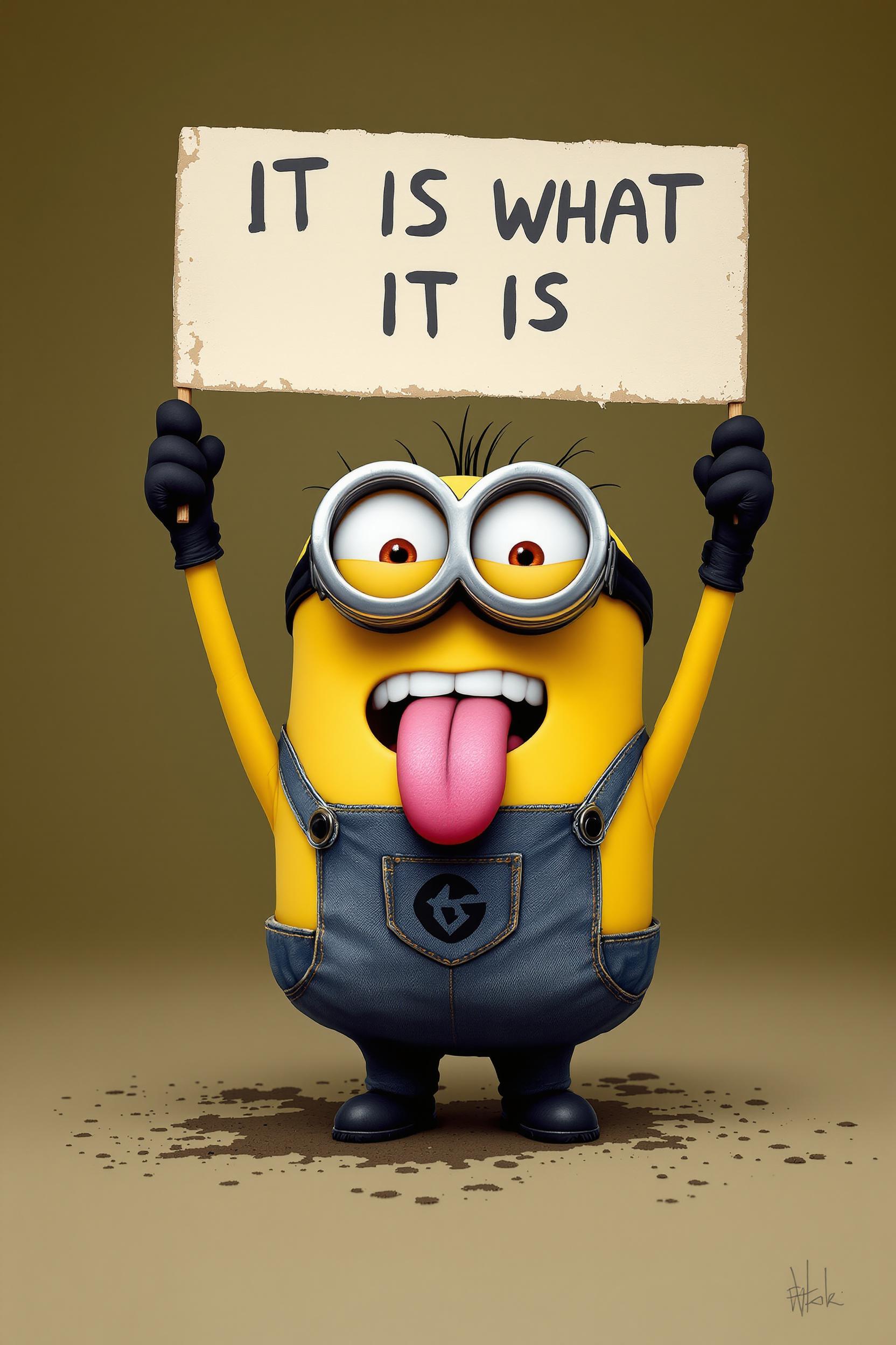 Create a minion sticking his tounge out, with a smirk and holding a sign above his head that reads "IT IS WHAT IT IS" 