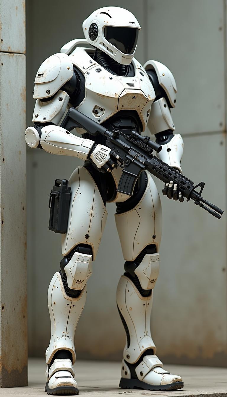 A white humanoid robot with a full-face helmet and shoulder pads, holding an assault rifle in each hand, standing at attention against concrete walls. The armor is detailed with metallic textures, and there is some dirt on the surface of its body. It has military boots for feet, dressed as a modern soldier. In the style of video game concept art.