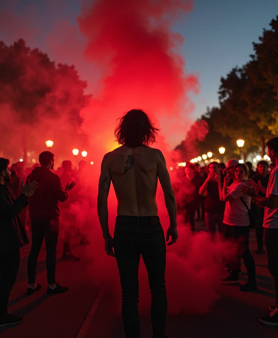 A rally of punk anarch in the middle of a city square, red smoke, People applauding, LA Park square, Freedom Rally, by night