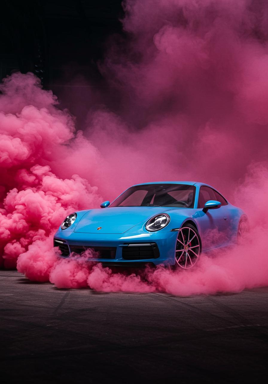 A modern Porsche car surrounded by pink smoke 