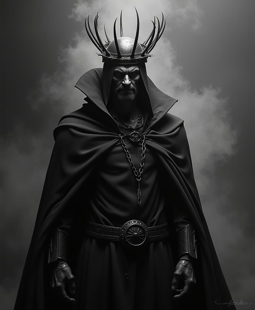 A black and white portrait of an ominous figure in dark attire, wearing a crown made from barbed wire and spikes, set against the stark backdrop of night with subtle hints of fog or mist, creating a mysterious atmosphere. The character's face is obscured by shadows, adding to their enigmatic aura. They appear powerful yet menacing, embodying both fear-inspired elements and a divine presence. Their posture exudes confidence and strength as they stand tall amidst the darkness.