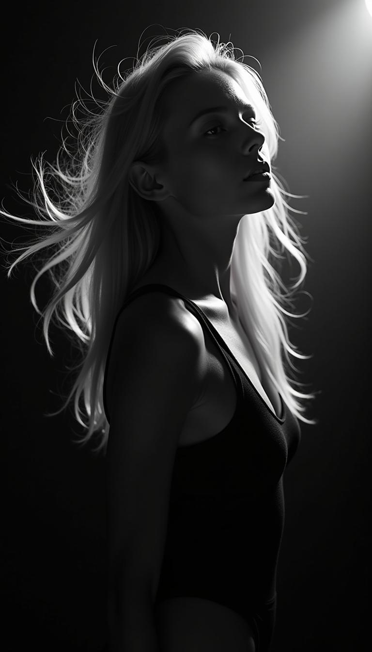 A black and white photograph of an attractive woman, her hair blowing in the wind. The title "jedrolil.com" is written in the top right corner. The background is dark, with light shining from the upper left side, creating an overall mysterious mood. The woman has long blonde hair and is wearing minimalistic . The lighting provides contrast between the shadowy parts of her face and body. The photo was taken in the style of Peter Lindbergh, conveying a sense of film noir aesthetic. 